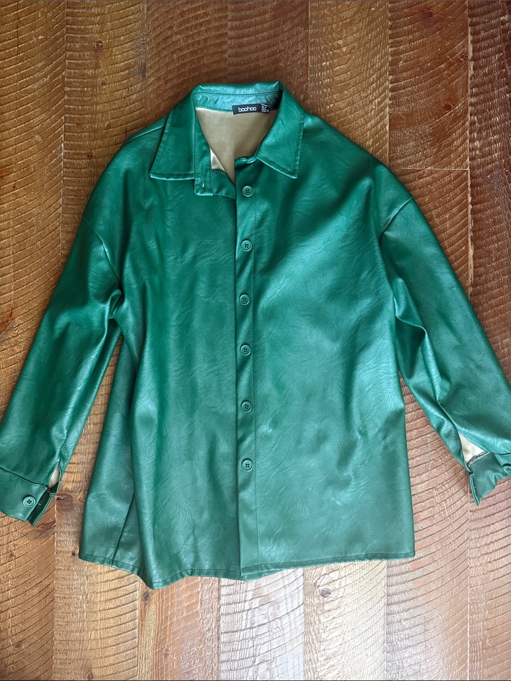 Boohoo Emerald Green Faux Leather Button-Front Shirt Jacket